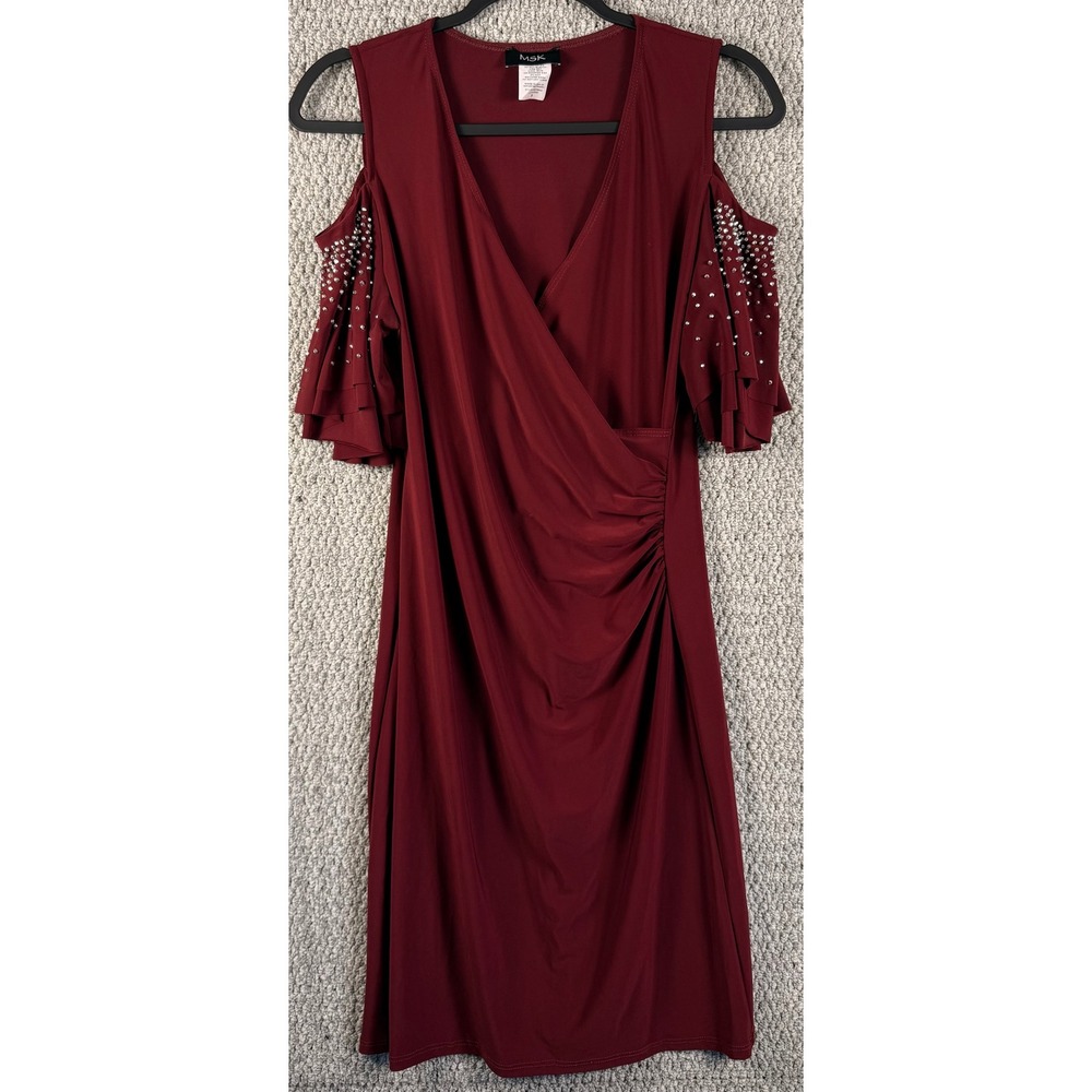 MSK Dress Womens Small Burgundy Rhinestone Cold Shoulder Ruffle Wrap Cocktail